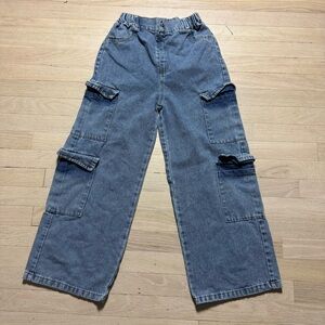 Baggy Cargo Pants Elastic Waist Blue Denim Y2K Wide Leg